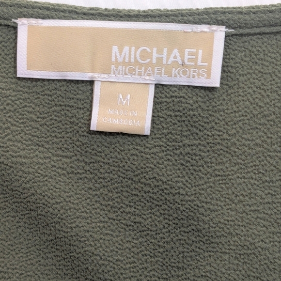 Michael Michael Kors Olive Green Ruffle/Flutter Sleeve Gold Zip Top Size Medium - Picture 4 of 12